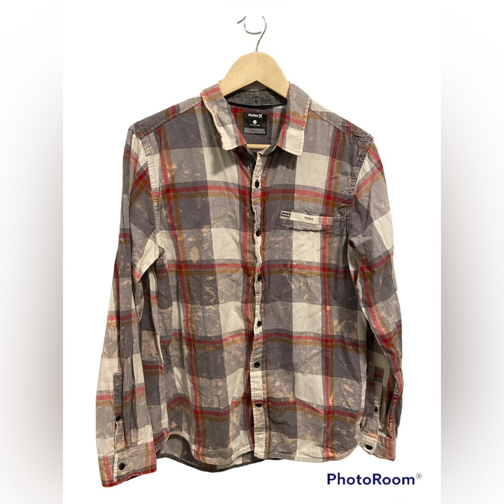 Mens Hurley LS distressed plaid orange/red/gray/white size large EUC